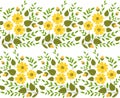 Border of yellow flowers and green leaves. Spring bouquet seamless pattern. Floral linear ornament Royalty Free Stock Photo