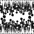 Borders of greyscale mushrooms vector simple illustration isolated on white background. Outline hand drawn sketched