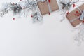 Winter flat lay with natural branches. leaves and presents on light background