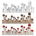Borders of mushrooms vector simple illustration isolated on white background. Outline and coloured hand drawn version