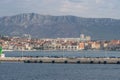 Bording dock at old port with view of Split city and Mount Morso in earlyl morning