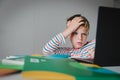 Bored and agressive kid looking at computer, boy angry to get too much homework