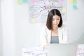 Bored asian young woman in the office working with a laptop and staring at computer screen. Hardworking for meet goal achievement