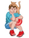 Bored boy in blue t-shirt, shorts and red sneakers holding a ball while his cat is playing on his head