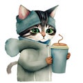 bored cartoon cat wearing a blue hoodie drinking coffee storybook style