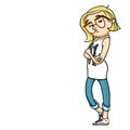 Bored cartoon girl standing with crossing arms over her chest. Vector isolated illustration of character