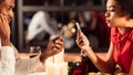 Bored Couple Using Smartphones On Romantic Dinner In Restaurant, Panorama