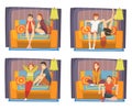 Bored Couples Sitting on Cozy Couches Set, Male and Female Characters Spending Time Together at Home, Family Staying