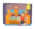 Bored Family Couple Sitting on Cozy Couch in Living Room, Funny Male and Female Characters Spending Time Together