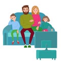 Bored Family Watching TV. Television Addiction. Unhappy Parents with Children Sitting on Sofa behind TV Set Royalty Free Stock Photo