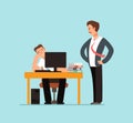 Bored lazy worker at desk behind computer and angry boss in office vector illustration Royalty Free Stock Photo