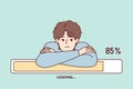 Bored man leaning on progress line loading waiting to download movie from internet. Vector image