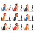 Bored Men Working with Computer Collection, Lazy Guys in Casual Clothes Procrastinating at Workplace, Unmotivated or