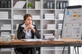 Bored at office work funny sleepy woman worker resting on hand sleeping at workplace, unmotivated lazy woman feeling Royalty Free Stock Photo