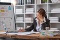 Bored at office work funny sleepy woman worker resting on hand sleeping at workplace, unmotivated lazy woman feeling Royalty Free Stock Photo