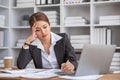 Bored at office work funny sleepy woman worker resting on hand sleeping at workplace, unmotivated lazy woman feeling Royalty Free Stock Photo