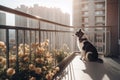 Bored pet dog looking out from balcony of high rise home apartment with morning sun rays, Created with Generative AI