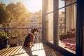 Bored pet dog looking out from balcony of high rise home apartment with morning sun rays, Created with Generative AI