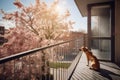 Bored pet dog looking out from balcony of high rise home apartment with morning sun rays, Created with Generative AI