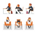 Bored school pupils sitting at desks at lesson. Side and front view of teenage student in uniform cartoon vector