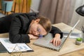 Bored sleepy business woman worker working on laptop computer, yawning falling asleep at home office Royalty Free Stock Photo