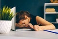 Bored sleepy woman tired. Office worker sleeping at her desk. Royalty Free Stock Photo