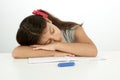 Bored student is laying her head on the desk