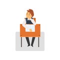 Bored Student Sitting at Desk in Classroom, Schoolboy Studying at School, College Vector Illustration