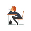 Bored Student Sitting and Yawning at Desk in Classroom, Side View, Schoolboy in Uniform Studying at School, College