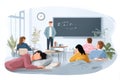 Bored students in classroom, some sleeping at desks, dull teacher in front of blackboard, outdated teaching, lack of engagement Royalty Free Stock Photo