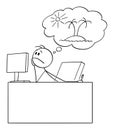 Bored or Tired Businessman or Office Worker Thinking or Dreaming About Vacation, Vector Cartoon Stick Figure