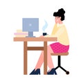 Bored, tired female employee at office desk with cup coffee a vector illustration