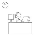 Bored Businessman or Office Worker Watching Wall Clock, Vector Cartoon Stick Figure Illustration