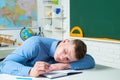 Bored and tired sleeping students in classroom. Demotivated boring students sitting in a lecture in college. Royalty Free Stock Photo