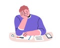 Bored tired student sitting at desk. Unmotivated lazy man with exhaustion, burnout, disinterest emotion. Apathy and