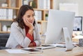 Bored young businesswoman sitting at her desk in front of her computer looking bored. Business professional sitting at