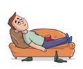 Bored young man lying on a sandy-colored couch stares at the ceiling with empty bottles nearby. Cartoon character vector