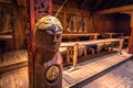 Borg - June 15, 2018: Wooden statue of Odin Inside the Longhouse in the Lofotr Viking Museum at the town of Borg in the Lofoten Royalty Free Stock Photo