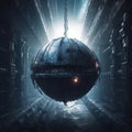 Borg sphere in space, cinematic, minimal, industrial,