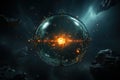 Borg sphere in space, cinematic, minimal, industrial,