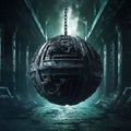 Borg sphere in space, cinematic, minimal, industrial,