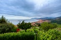 Borgio Verezzi, Italy. May 22th, 2021. Enchanting evening panoramic view of Borgio Verezzi and the Ligurian Riviera