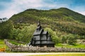 Borgund, Norway. Famous Landmark Stavkirke An Old Wooden Triple Nave Stave Church In Summer Day. Ancient Old Wooden