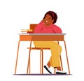 Boring Child Sitting at Desk Yawning while Listening Lecture on Lesson in School, Little African Pupil Kid Boredom
