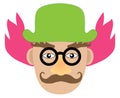 Boring clown with pink hair and green hat. Vector
