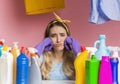 Housewife is sad she has a lot of housekeeping Royalty Free Stock Photo