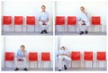 Boring, interview and man in waiting room for a job and collage with candidate excited, tired and sleeping. Hiring Royalty Free Stock Photo