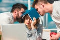 Boring meeting. Office workers talking. Sad secretary, assistant and manager. Business team discuss at the outdoor. Royalty Free Stock Photo