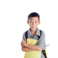 Boring schoolboy with backpack and book isolated Royalty Free Stock Photo