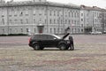 Borispol, Ukraine - October, 2017: The man is repairing his car in the city. Volvo